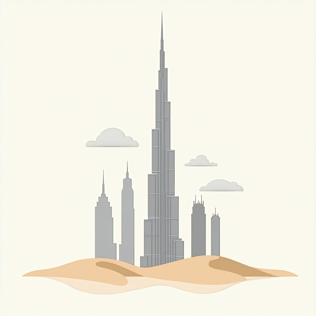 Illustratie van een modern appartementengebouw in Dubai met de Burj Khalifa op de achtergrond, passend bij het thema “wat kost een appartement in Dubai”.
