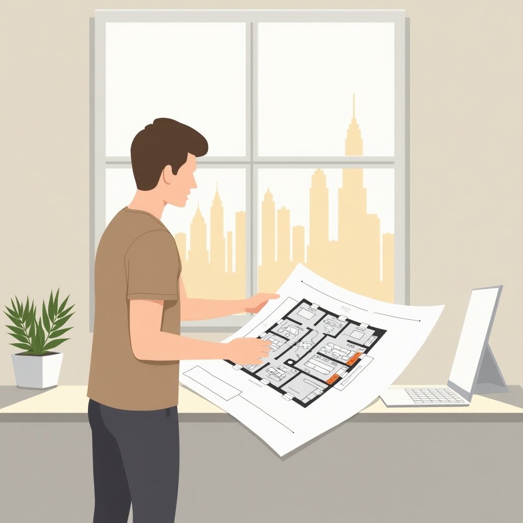 Illustratie van een koper die een plattegrond bekijkt van een nog te bouwen appartement in Dubai