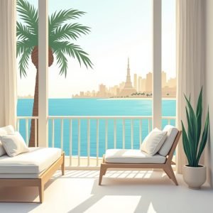 Getekend appartement op Palm Jumeirah met balkon en uitzicht op zee.