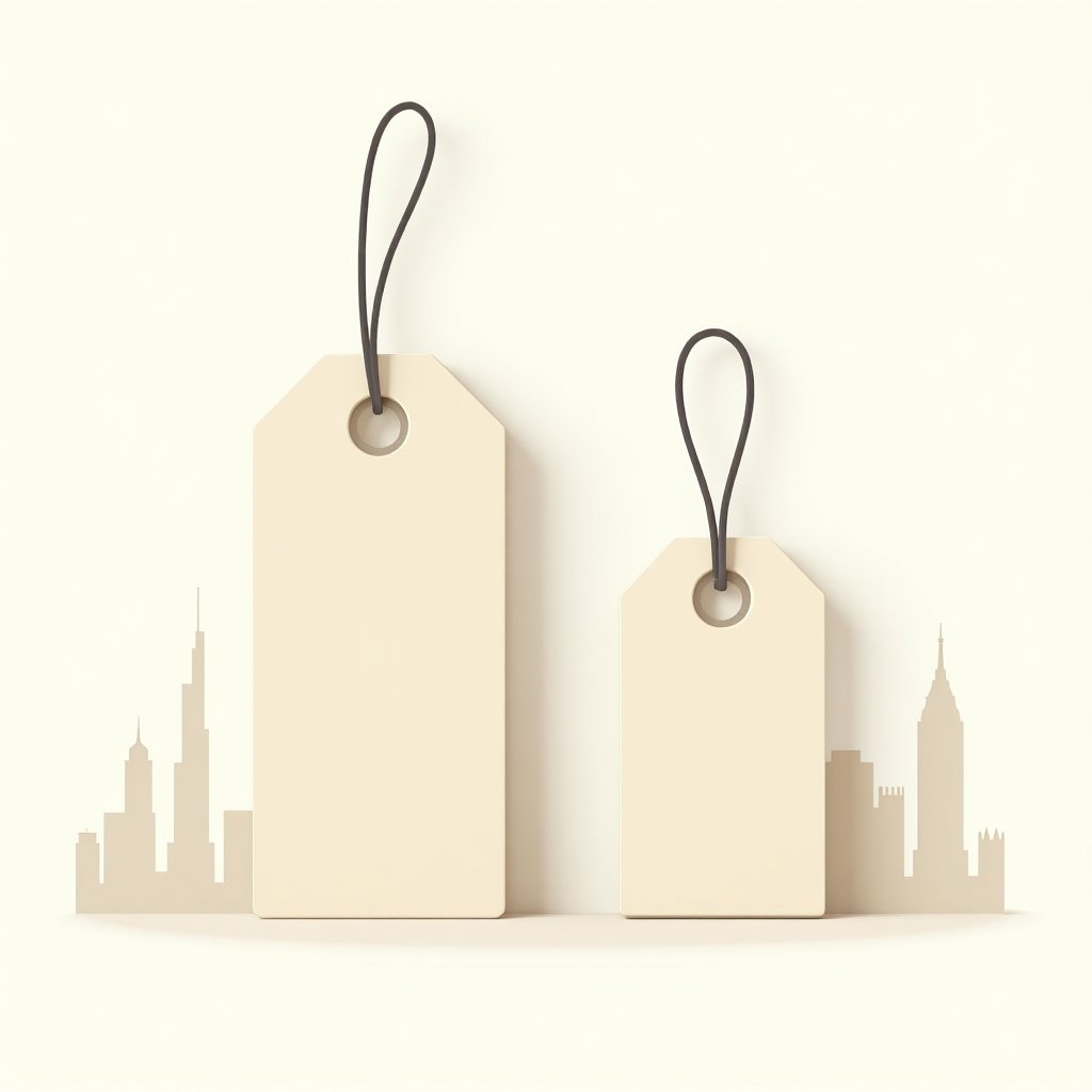 Illustratie met prijstags voor appartementen in Dubai, variërend van goedkoop tot luxe, met skyline op de achtergrond.