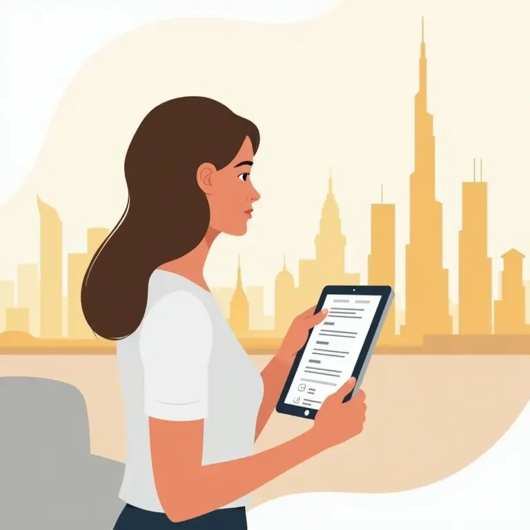 Persoon bekijkt op een tablet verschillende appartementen te koop in Dubai, met skyline en zon op de achtergrond