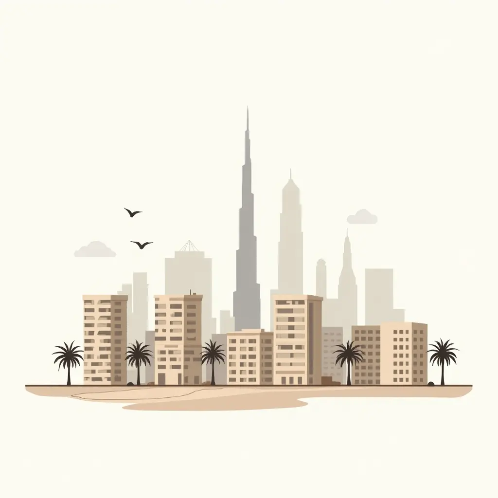 Modern appartementencomplex in Dubai met palmbomen en Burj Khalifa op de achtergrond, in warme woestijntinten.