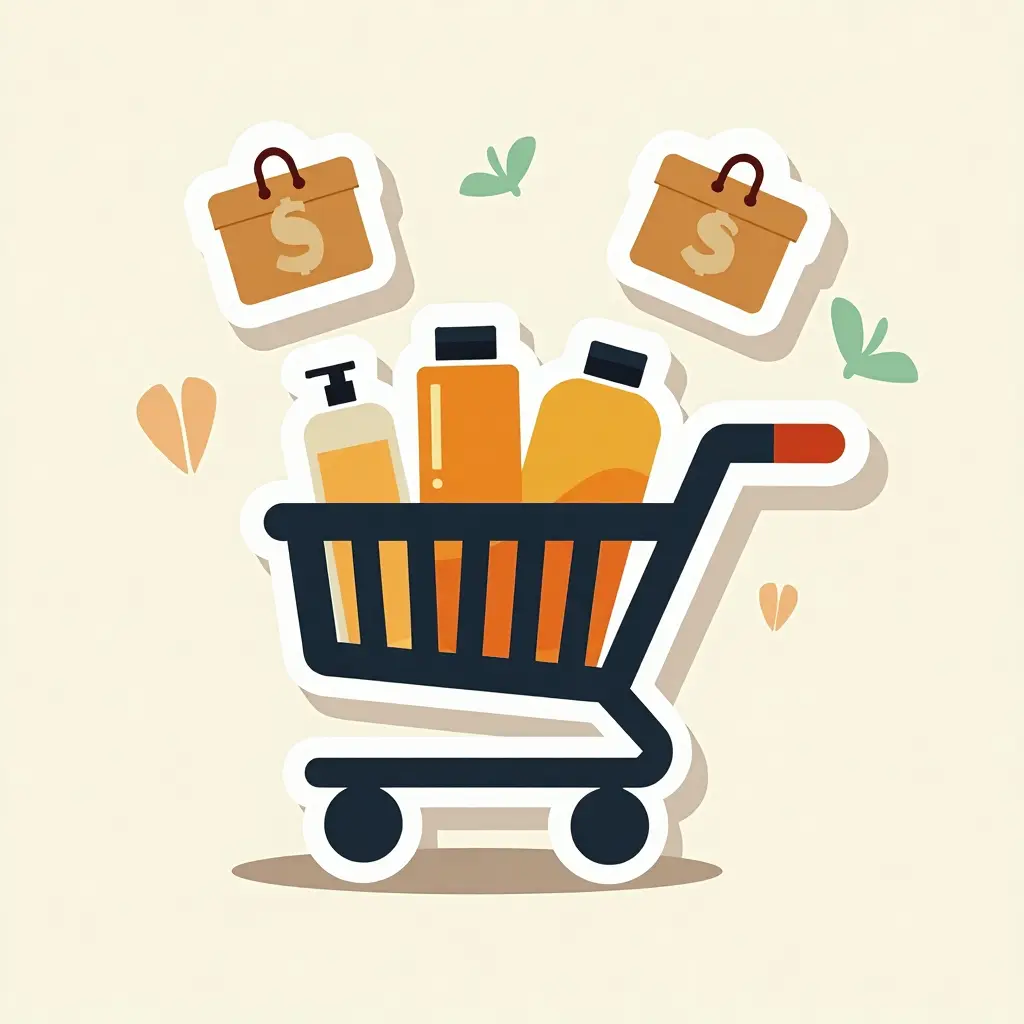 Winkelwagen met producten en btw-sticker, symbool voor lage belastingen op goederen in Dubai.