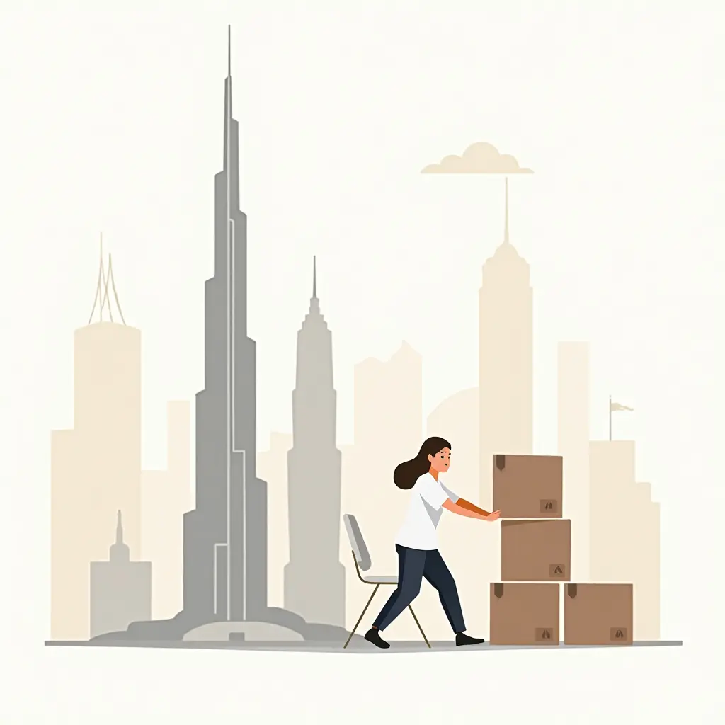 Werknemer rolt een bureaustoel en dozen richting een Dubai business center, als symbool voor bedrijfsverhuizing.