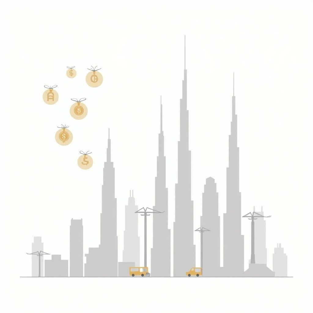 Skyline van Dubai met off-plan bouwprojecten en iconen voor betalingsfasen.