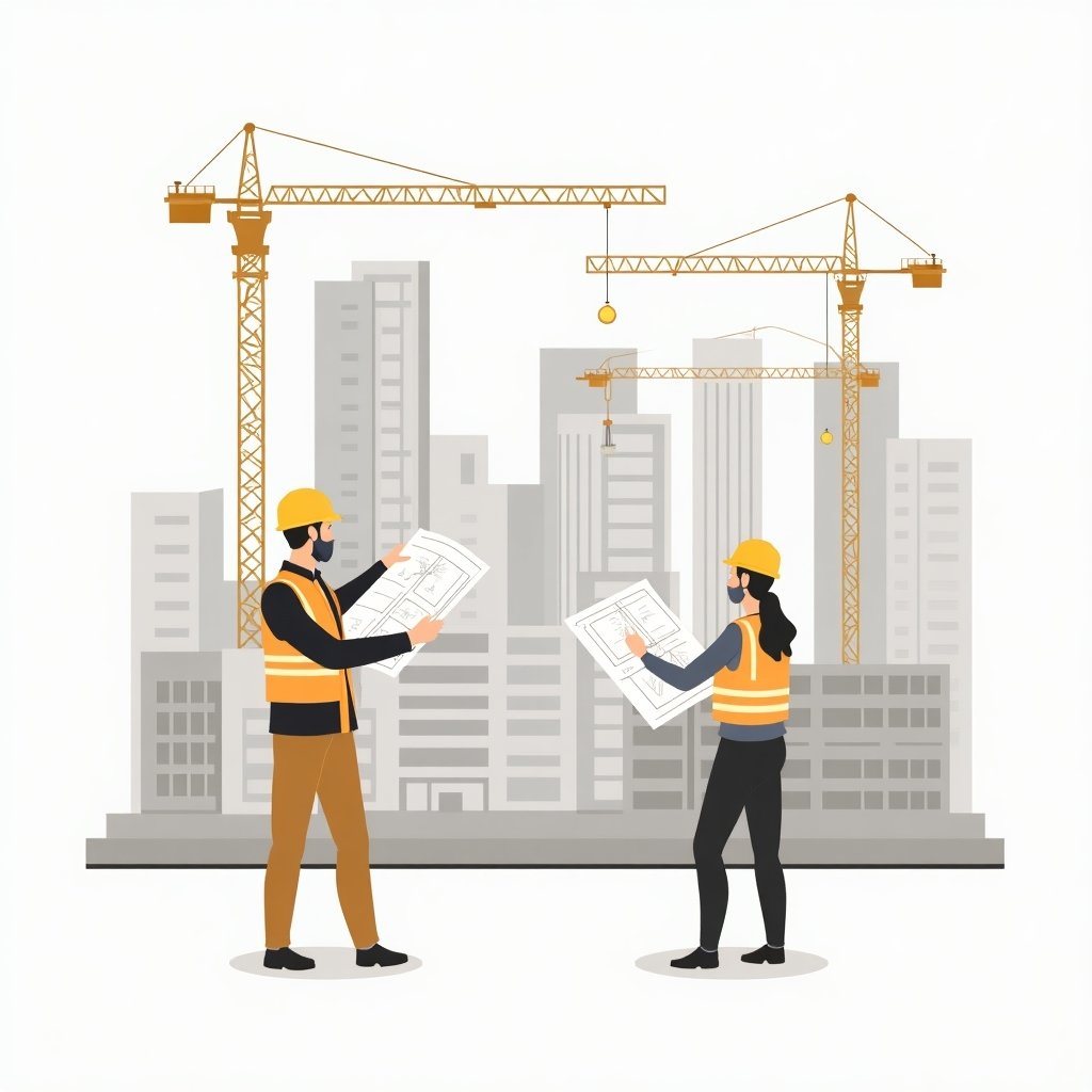 Illustratie van een bouwproject in Dubai met kraan, casco gebouwen en een werker met helm.