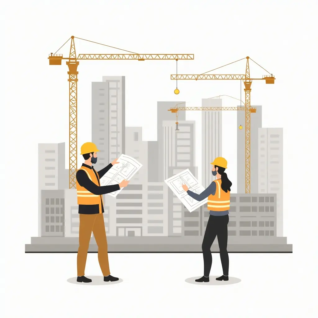 Illustratie van een bouwproject in Dubai met kraan, casco gebouwen en een werker met helm.