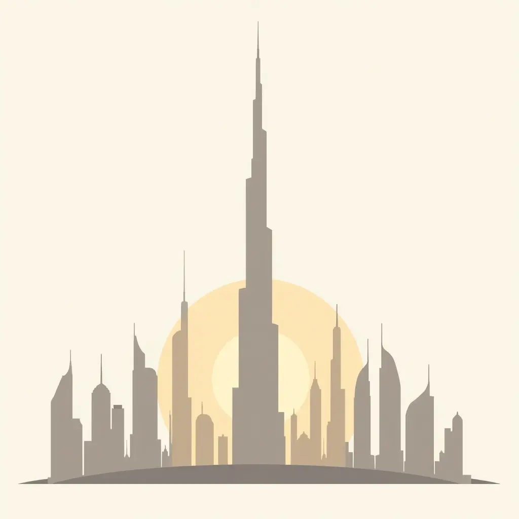 Burj Khalifa, de hoogste toren in Dubai, gezien bij zonsondergang met de skyline van Dubai op de achtergrond.