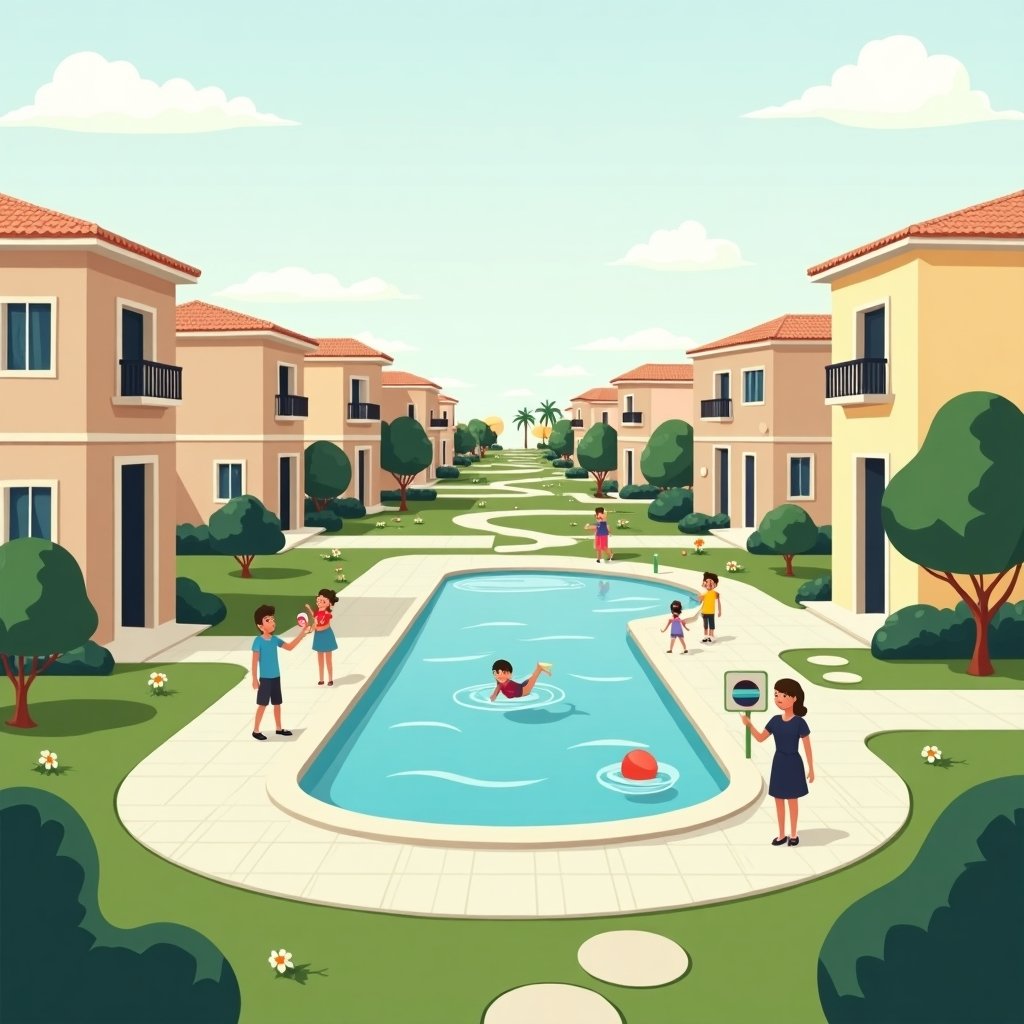 Moderne woonwijk in Dubai met tuin, zwembad en spelende kinderen, kenmerkend voor het gezinsleven in de stad.