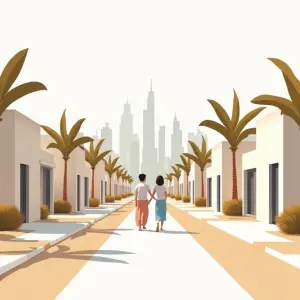 Mensen wandelen door een moderne woonwijk in Dubai met palmbomen, appartementen en skyline op de achtergrond.