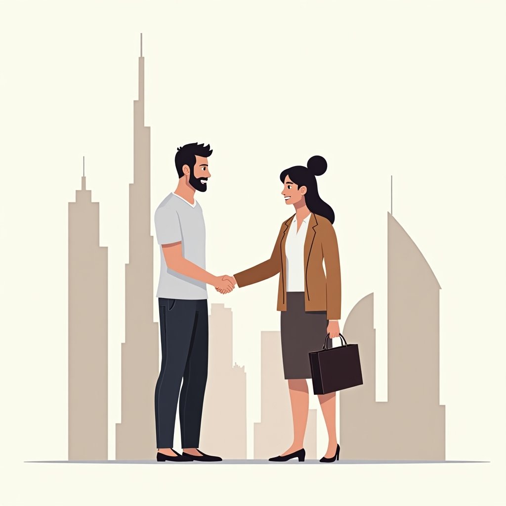 Klant en makelaar schudden elkaar de hand voor een hoog appartementencomplex in Dubai.