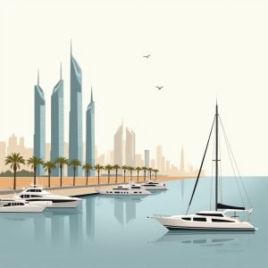 Uitzicht op luxe appartementengebouw in Dubai Marina met palmbomen en promenade.
