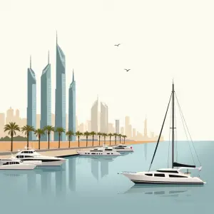 Uitzicht op luxe appartementengebouw in Dubai Marina met palmbomen en promenade.