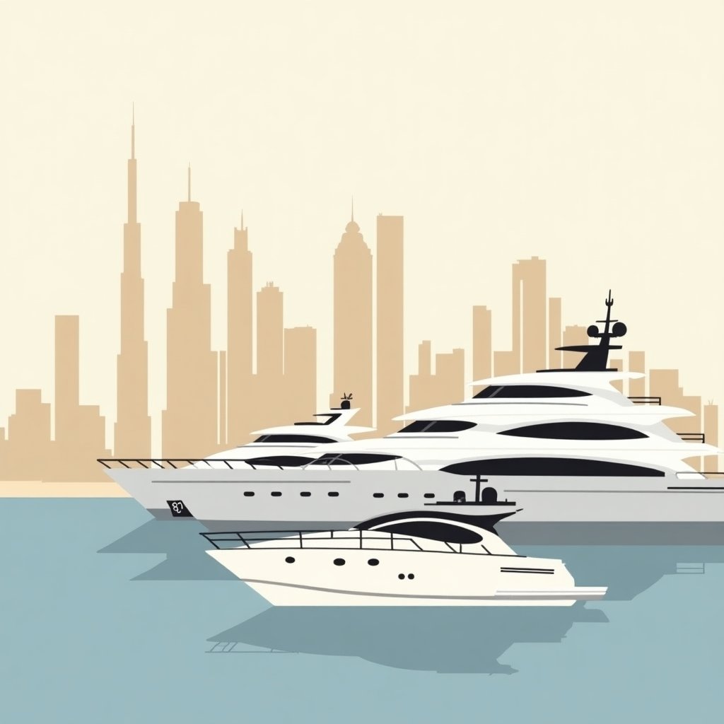 Jachten in Dubai Marina met hoge gebouwen op de achtergrond, in warme en zachte kleuren.