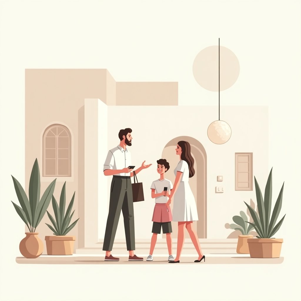 Makelaar toont een huis te huur in Dubai aan een stel, moderne flat-style stijl.