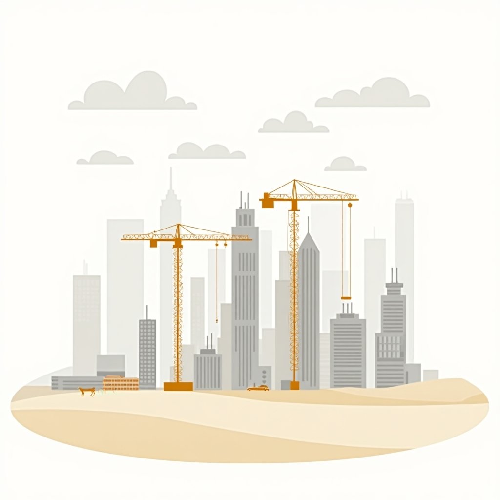 Illustratie van een moderne skyline in aanbouw, met kraanwagens, steigers en gebouwen in ontwikkeling – symbool voor off plan vastgoed in Dubai