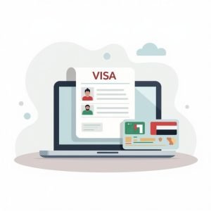 Persoon vult visumaanvraag in op laptop met Emirates ID-kaart en Dubai vlag zichtbaar.