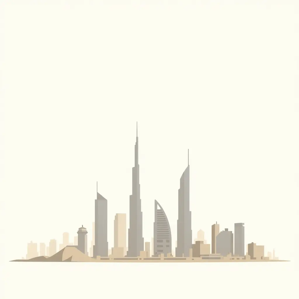 Skyline van Dubai met de Burj Khalifa en op de achtergrond de skyline van Abu Dhabi, om het verschil tussen beide steden te tonen.