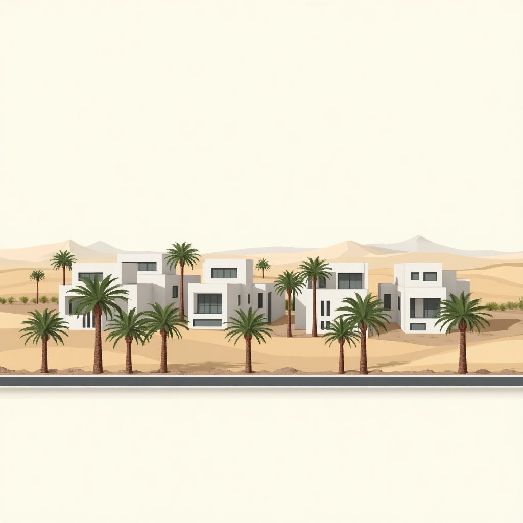 Artist impression van een nieuwe woonwijk in Dubai met palmbomen en moderne villa’s in aanbouw