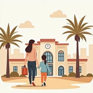 Kind en ouder lopen naar school in Dubai met palmbomen en internationale school op de achtergrond.