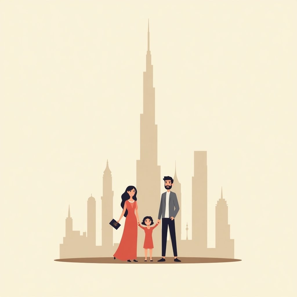 Familie met paspoorten voor Burj Khalifa als symbool voor de Dubai Golden Visa