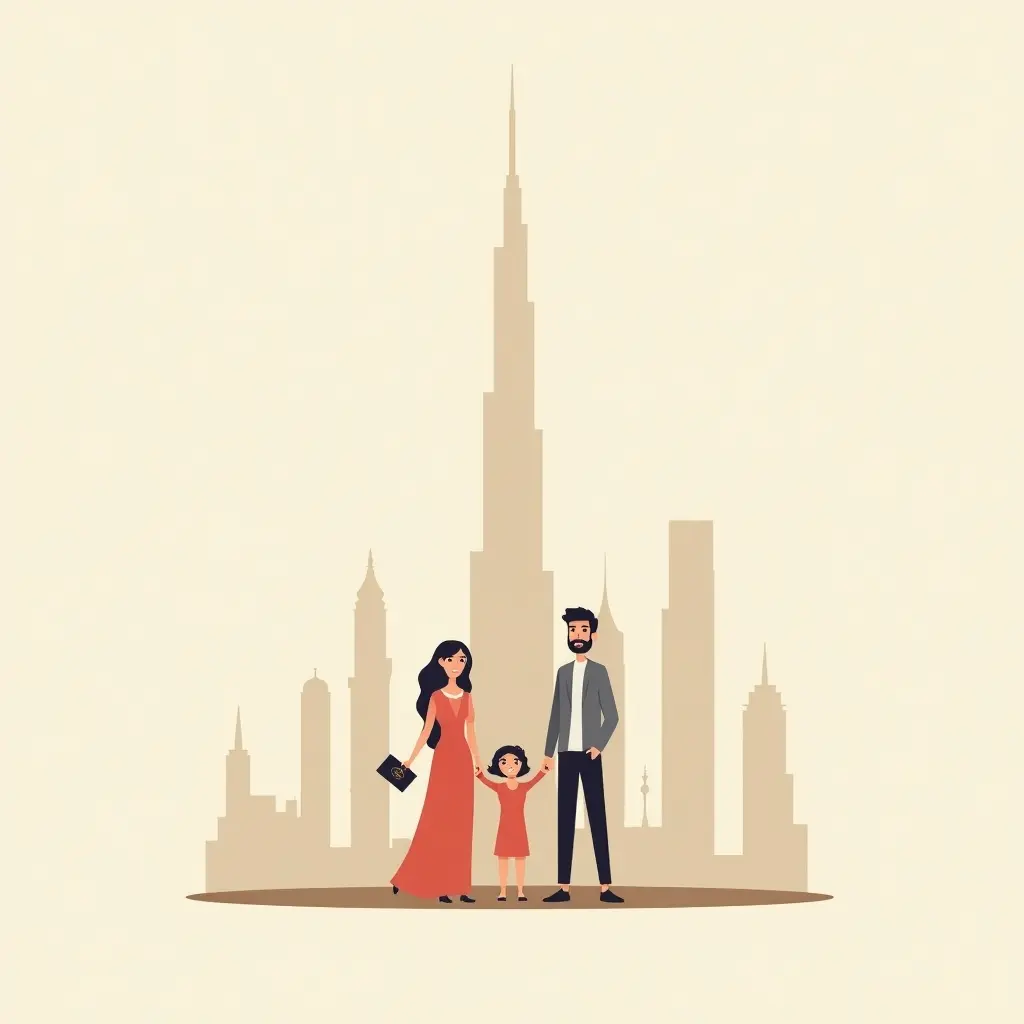 Familie met paspoorten voor Burj Khalifa als symbool voor de Dubai Golden Visa