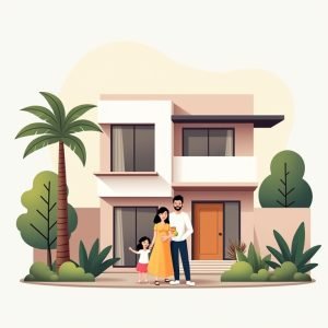 Gezin staat voor hun nieuwe huis in Dubai, met palmbomen en zon op achtergrond.