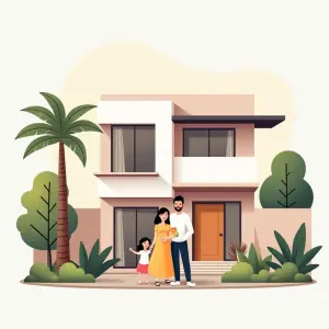 Gezin staat voor hun nieuwe huis in Dubai, met palmbomen en zon op achtergrond.