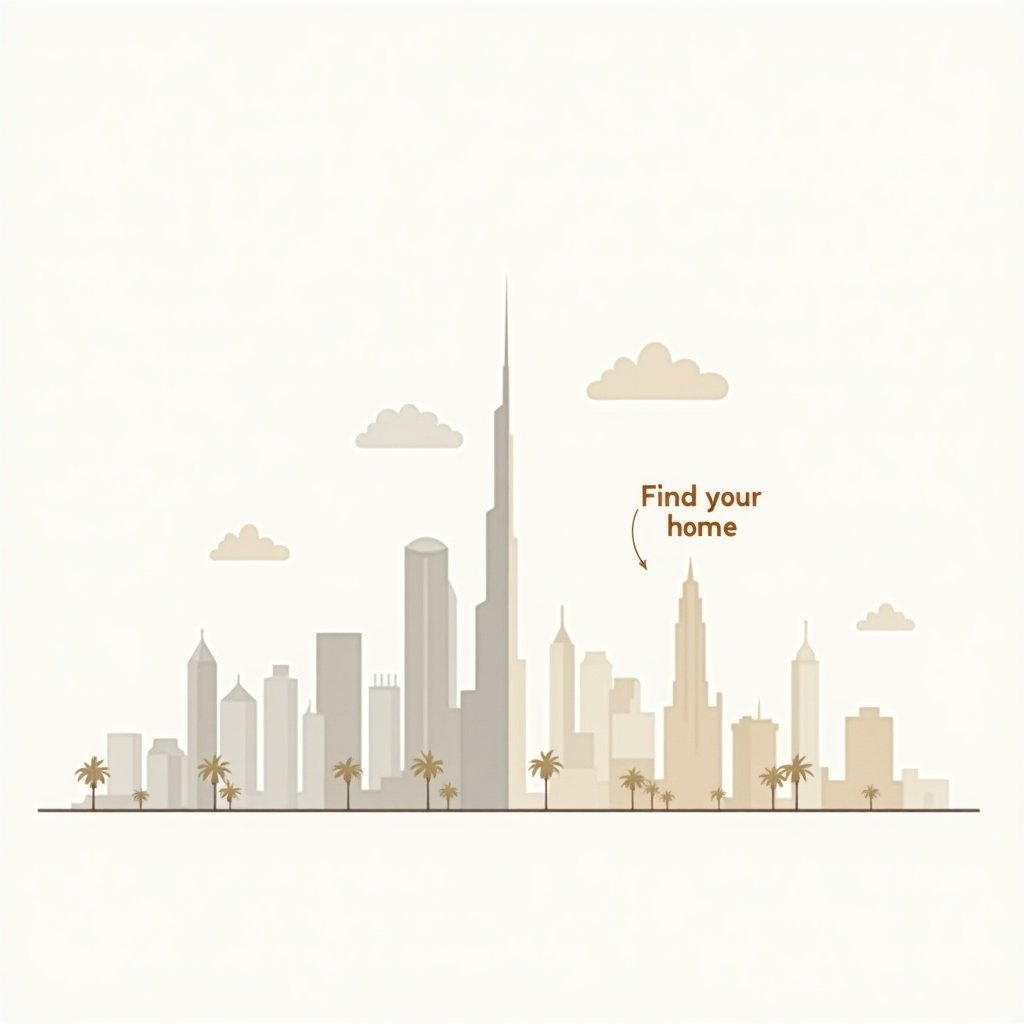 Links Funda-aanbod in Nederland, rechts skyline van Dubai met zoekopdracht naar woningen.