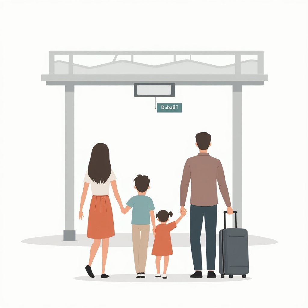 Ouders en kinderen lopen op een vliegveld richting vertrekhal, met borden naar Dubai.