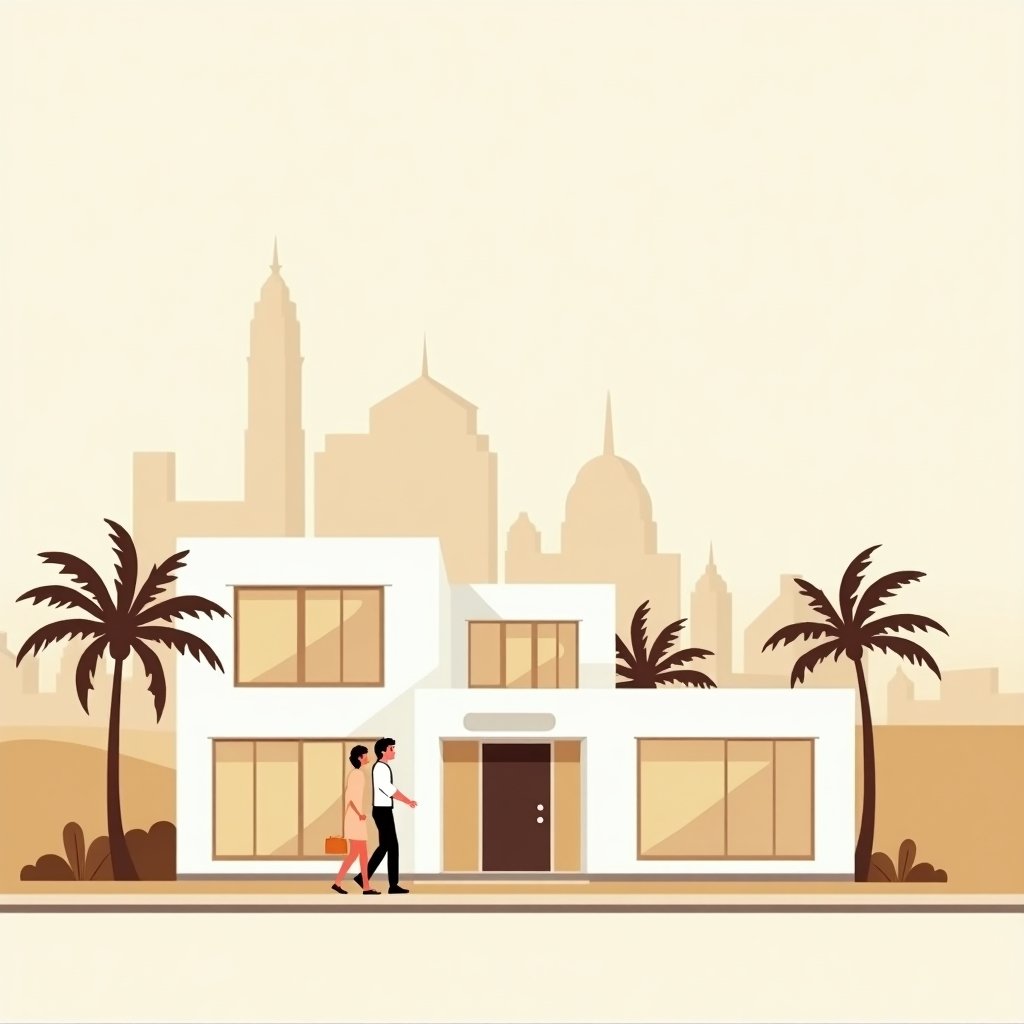 Flat-style illustratie van een modern huis te huur in Dubai, met palmbomen, woestijnkleuren en een luxe uitstraling.