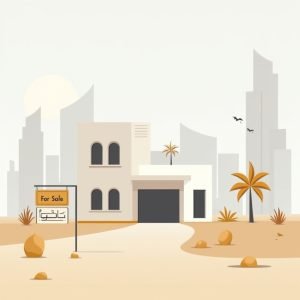 Getekend huis met ‘For Sale’-bord in Dubai, omringd door zandkleurige hoogbouw en minimalistisch straatbeeld.