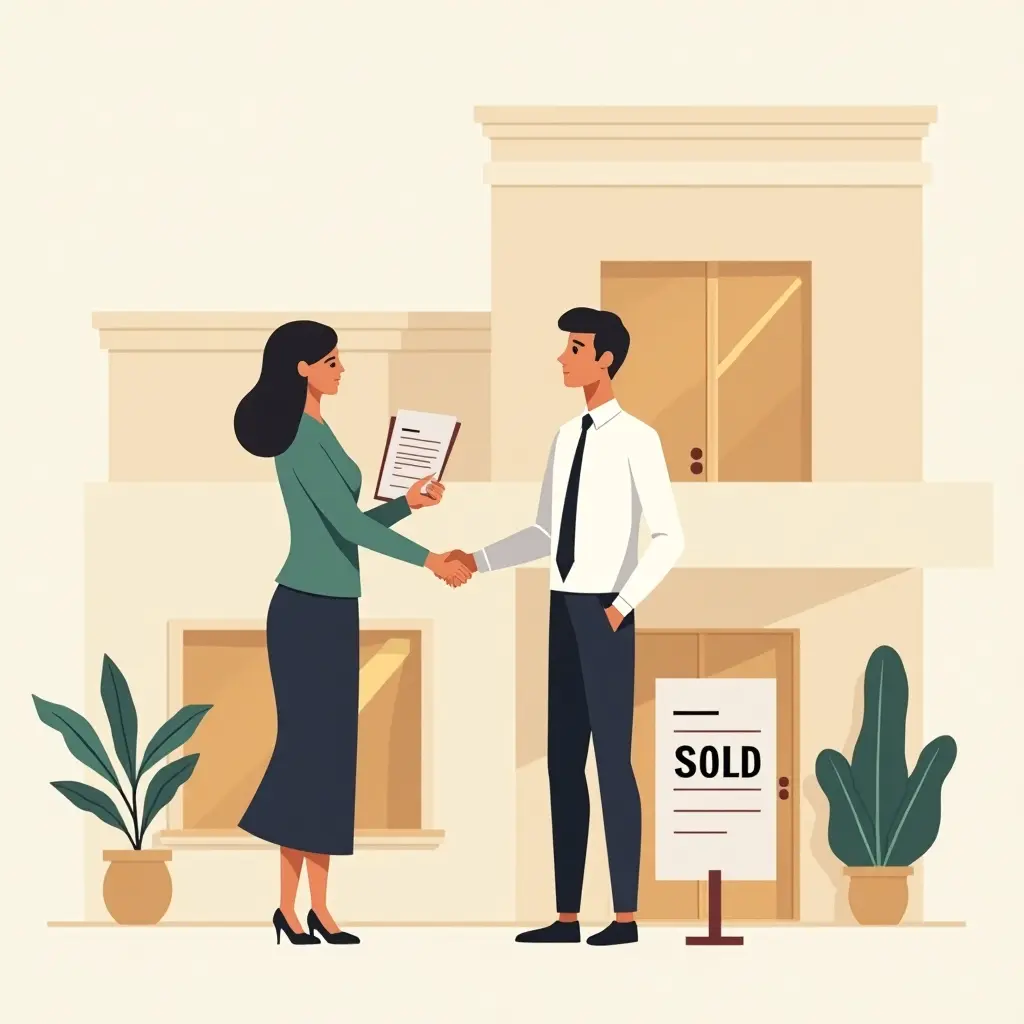 Makelaar en huiseigenaar schudden elkaar de hand voor een villa in Dubai met een “Verkocht” bord, symbool voor het verkopen van een huis in Dubai.