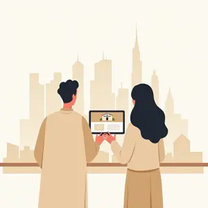 Twee personen bekijken op een tablet een huis te koop in Dubai, met de skyline op de achtergrond.