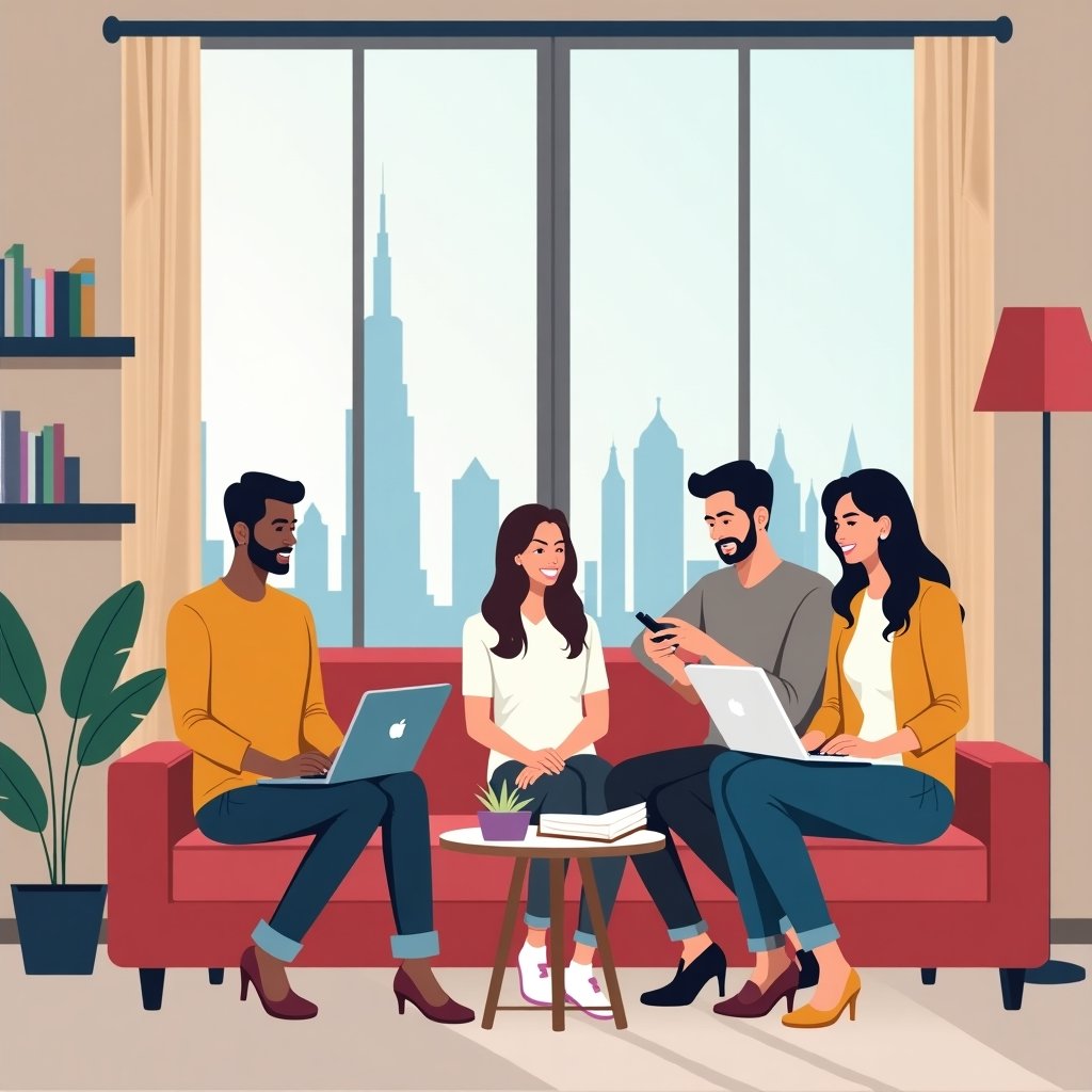 Groep stagiairs in een gedeeld appartement in Dubai, studerend en gezellig samen.