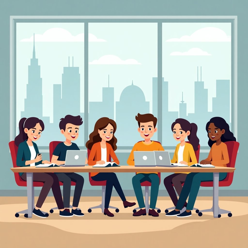 Groep studenten uit verschillende landen studeert samen in een lokaal met uitzicht op de skyline van Dubai.