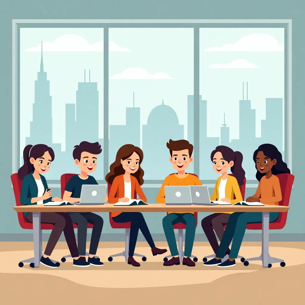 Groep studenten uit verschillende landen studeert samen in een lokaal met uitzicht op de skyline van Dubai.