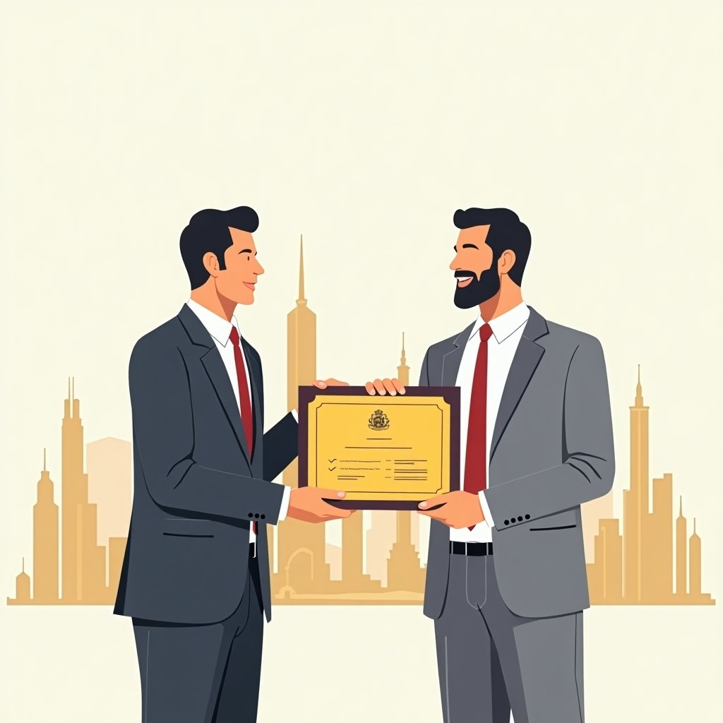 Vastgoedinvesteerder ontvangt een Golden Visa met skyline van Dubai