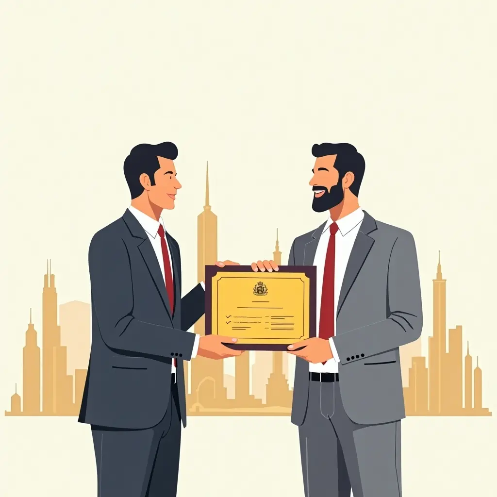 Vastgoedinvesteerder ontvangt een Golden Visa met skyline van Dubai