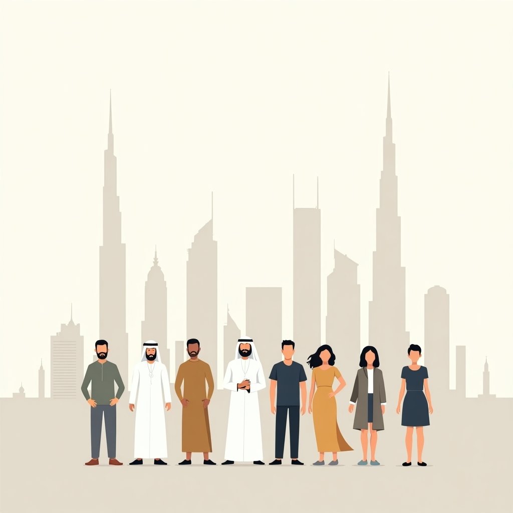 Diverse groep inwoners van Dubai, Emirati en expats, voor de skyline van de stad.