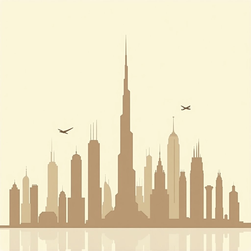 Skyline van Dubai met prijskaartjes aan wolkenkrabbers, symbool voor de kosten van het leven in Dubai.