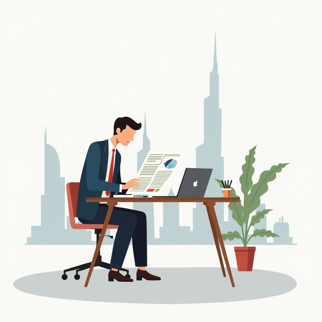 Illustratie van een zakenman die de kosten bekijkt voor het starten van een bedrijf in Dubai, met de Dubai Marina op de achtergrond.