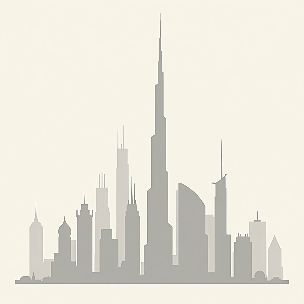 Minimalistische skyline van Dubai met nadruk op leasehold zones.
