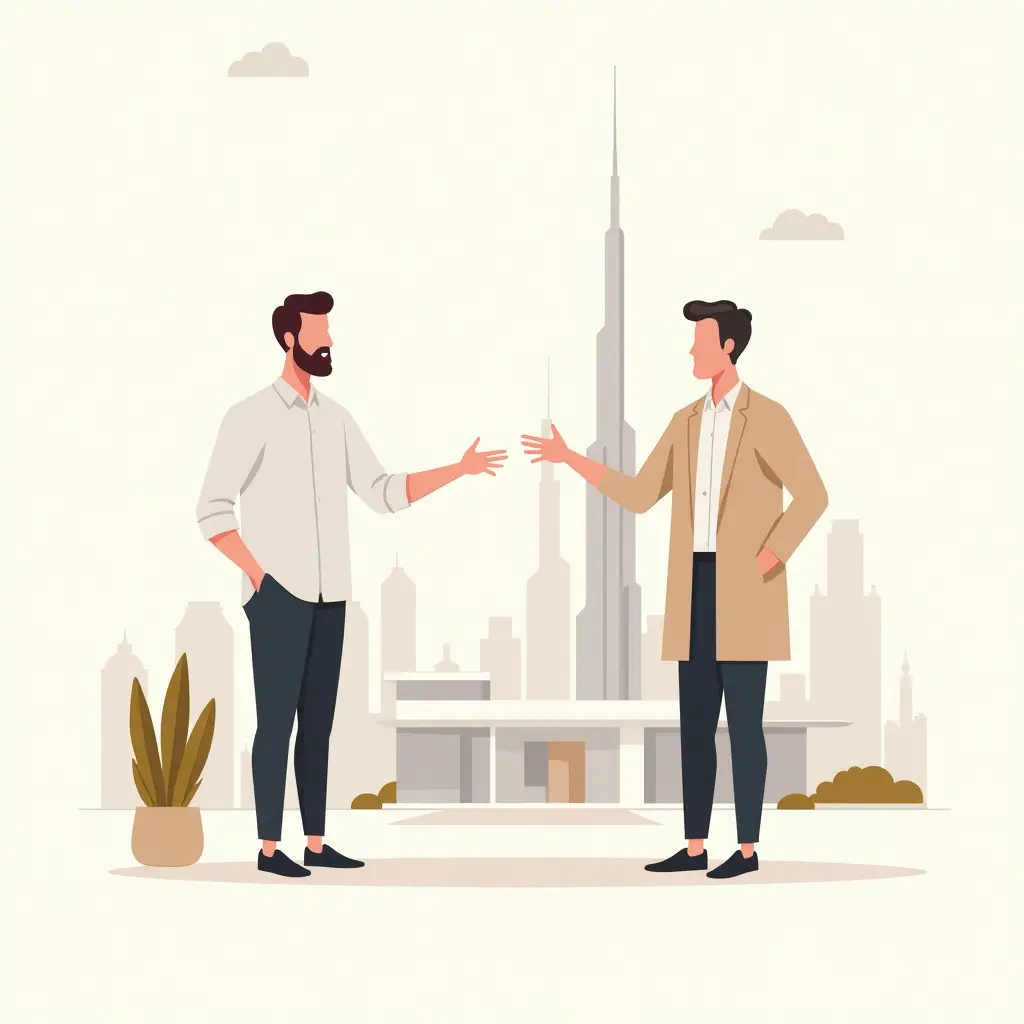 Illustratie van een makelaar in Dubai die een moderne villa laat zien aan klanten, met de skyline van Dubai op de achtergrond.