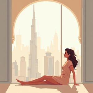 Nederlandse vrouw zit op balkon van appartement met uitzicht op Burj Khalifa en geniet van de zon.