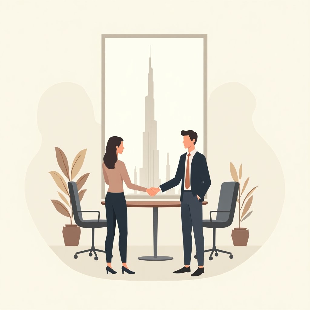 Zakelijke illustratie van twee ondernemers die elkaar de hand schudden in een kantoor met uitzicht op de Burj Khalifa, symbool voor een bedrijf starten in Dubai.