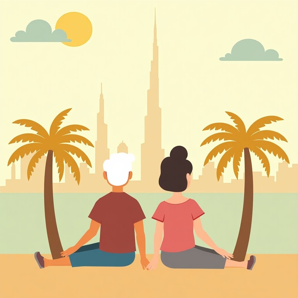 Gepensioneerd stel geniet ontspannen van hun pensioen met uitzicht op de skyline van Dubai en palmbomen.
