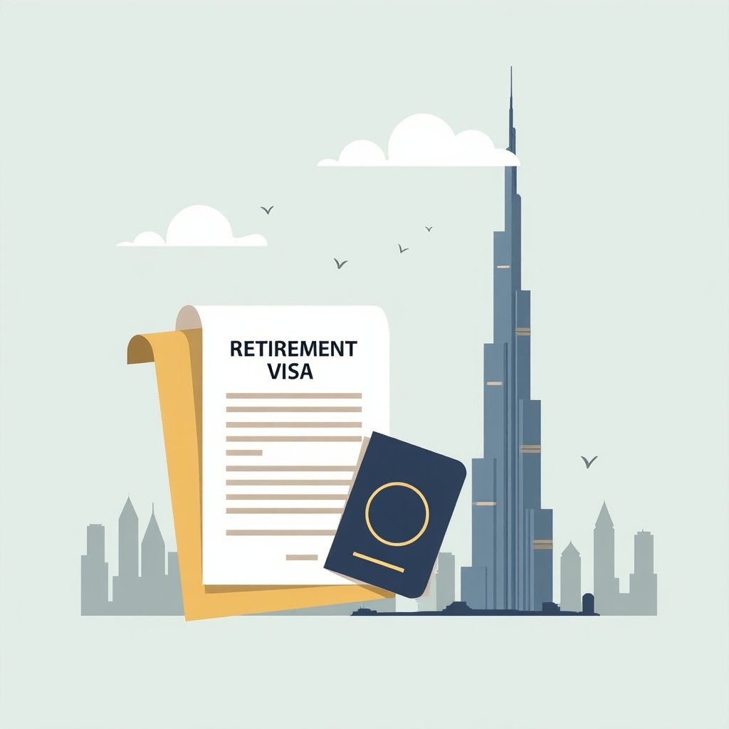 Pensioenvisum en paspoort met de Burj Khalifa op de achtergrond, symbool voor pensionering in Dubai.