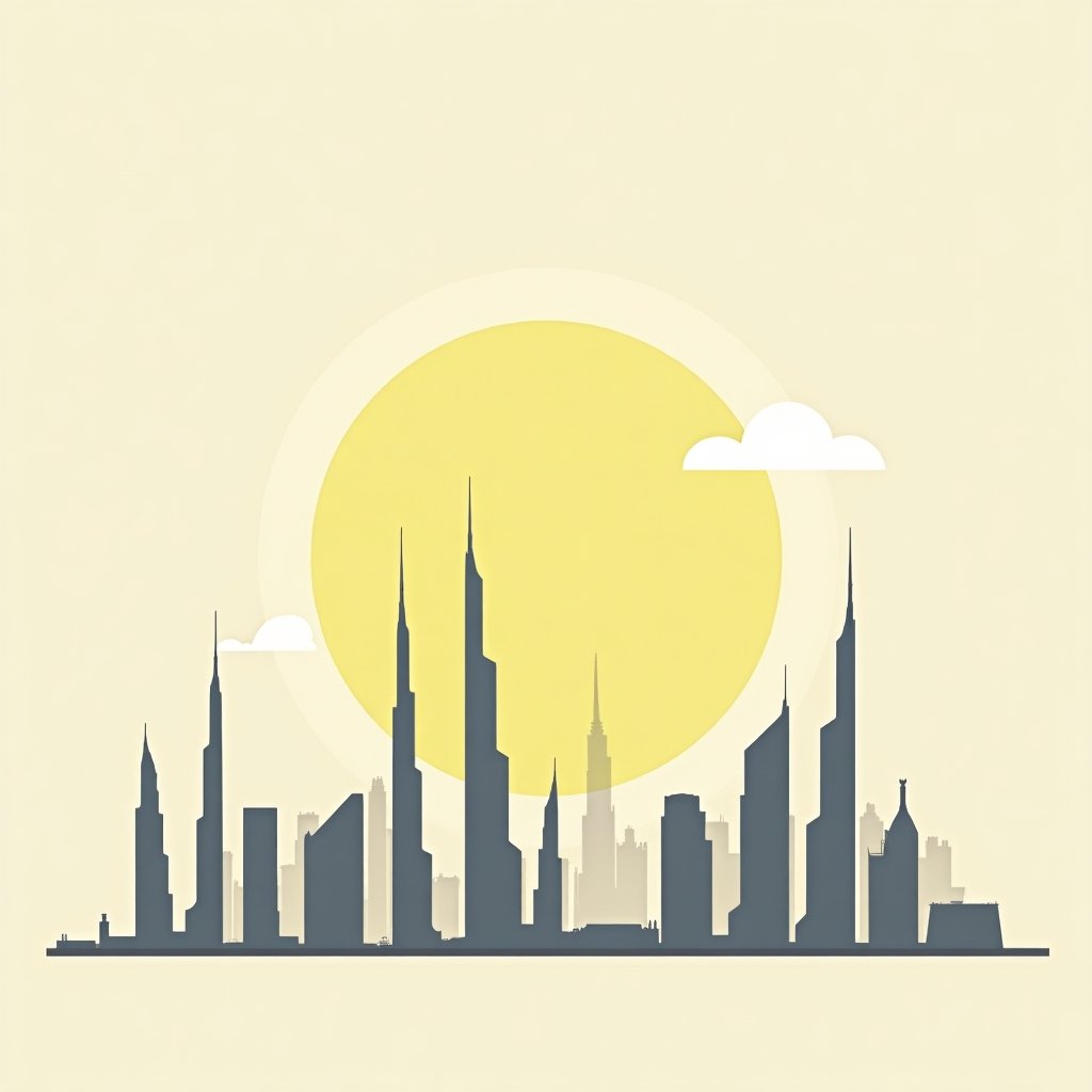 Skyline van Dubai met zon die seizoensverandering aangeeft