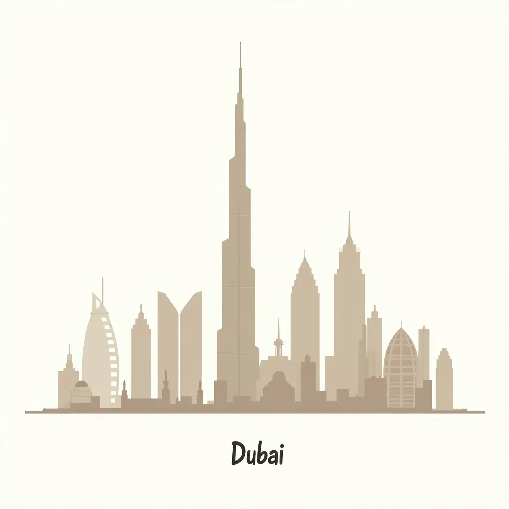 Minimalistische skyline van Dubai met Burj Khalifa, ter illustratie dat Dubai een stad is.